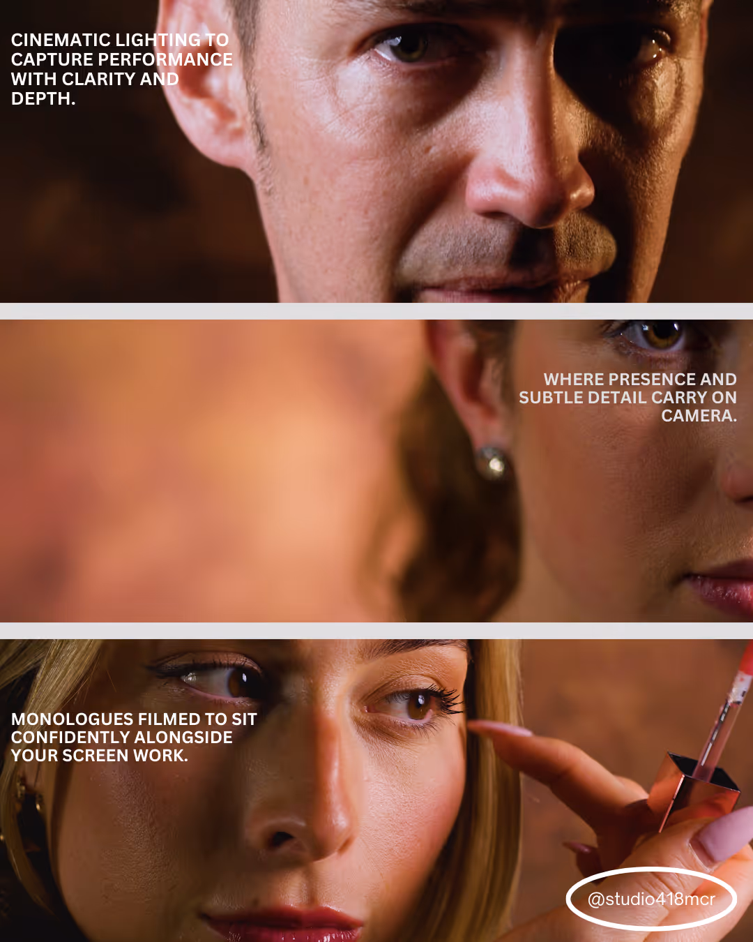 Three close-up portraits highlighting cinematic lighting on performers' faces with text about clarity, presence, and monologues.